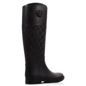 Tory Burch Black Quilted Rain Boots Logo Knee-High Women’s Size 9 Designer